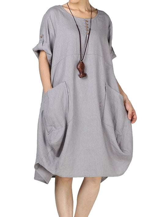 Vintage Ramie Cotton Solid Color Round-Neck Short Sleeves Midi Dress