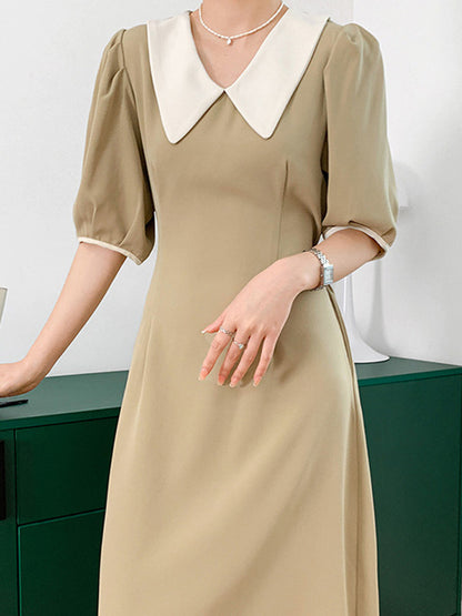 Urban Solid Color Bandage A-Line Lapel Short Sleeves Midi Dress
