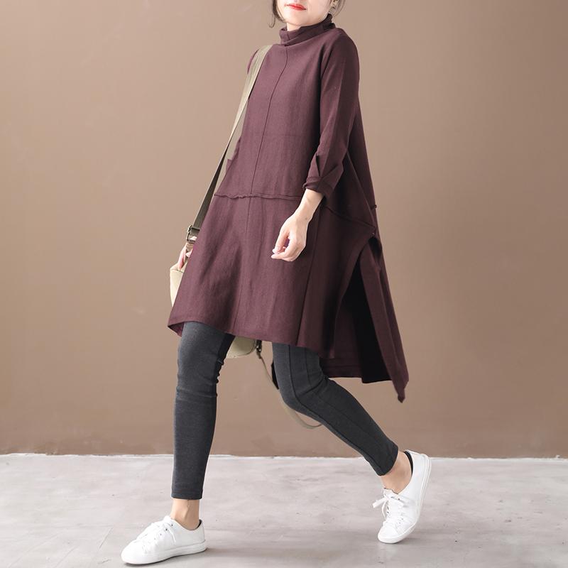 Buykud Loose Literary Irregular Split Hem Sweater Dress