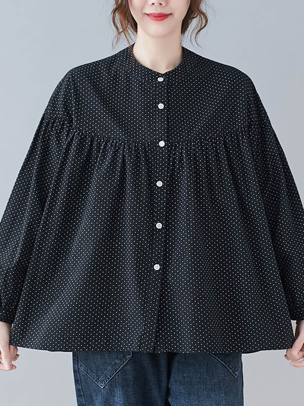 Casual Polka-Dot Buttoned Pleated Lapel Collar Long Sleeves Blouse