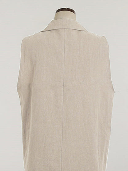 Simple Solid Color Split-Joint With Pocket Linen Notched Collar Vest Outwear