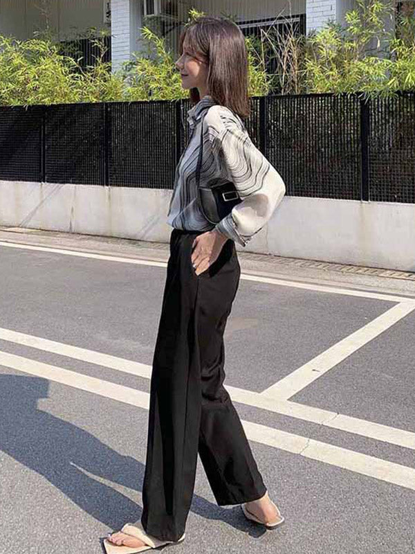 Urban Printed Buttoned Asymmetric Lapel Blouses Tops