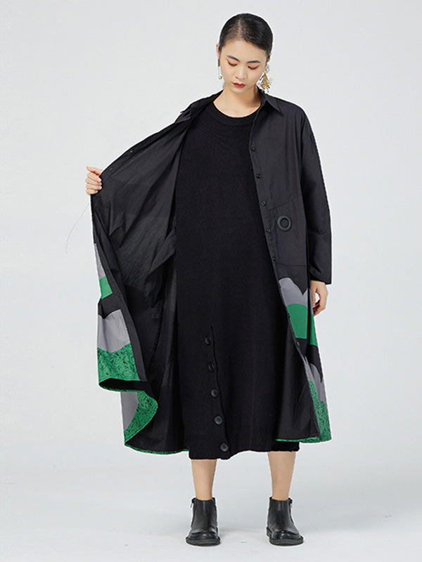 Original Buttoned Contrast Color Lapel Long Sleeves Midi Dress
