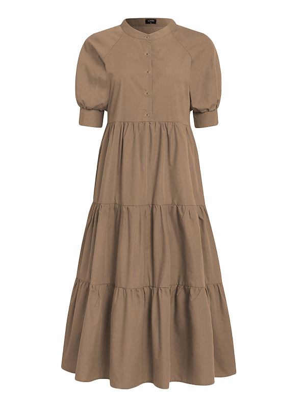Original Solid Color Split-Joint Pleated Buttoned Stand Collar Half Puff Sleeves Midi Dress