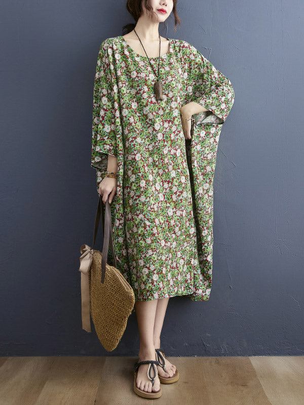 Vintage Loose Floral Printed Round-Neck Batwing Sleeves Midi Dress