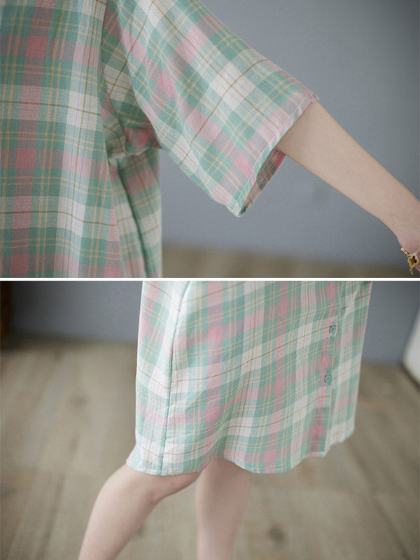 Urban Plaid Half Sleeve Lapel Shirt Dress