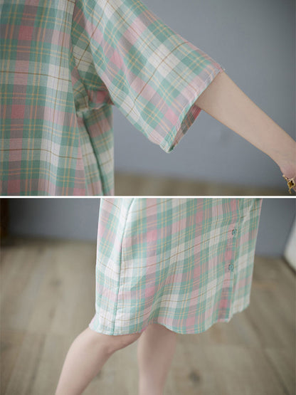 Urban Plaid Half Sleeve Lapel Shirt Dress