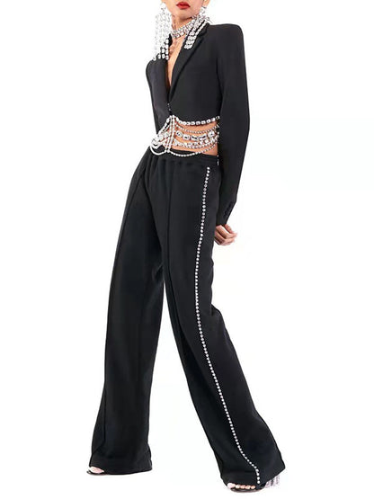 Simple Wide Leg Diamond Encrusted Pants
