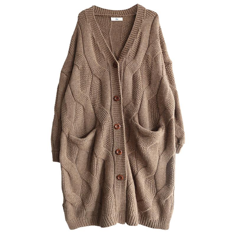 Buykud Casual Solid Color V-neck Thick Cardigan Sweater