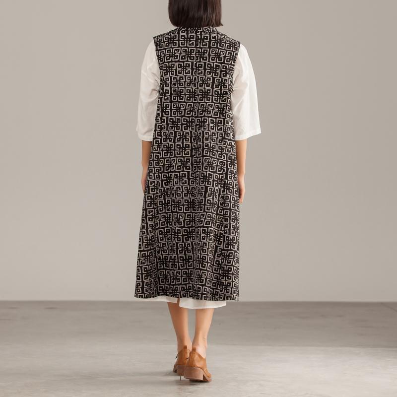 Black Cotton Geometric Cardigan Sleeveless Coat