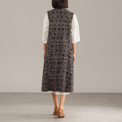 Black Cotton Geometric Cardigan Sleeveless Coat