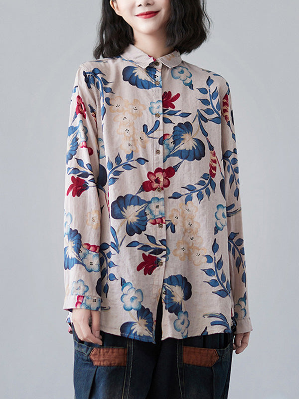 Artistic Retro Floral Printed Buttoned Lapel Collar Long Sleeves Blouse