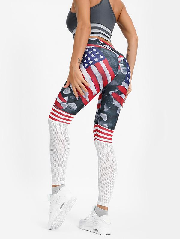 Flag Printed Color-Block Hole Yoga Leggings