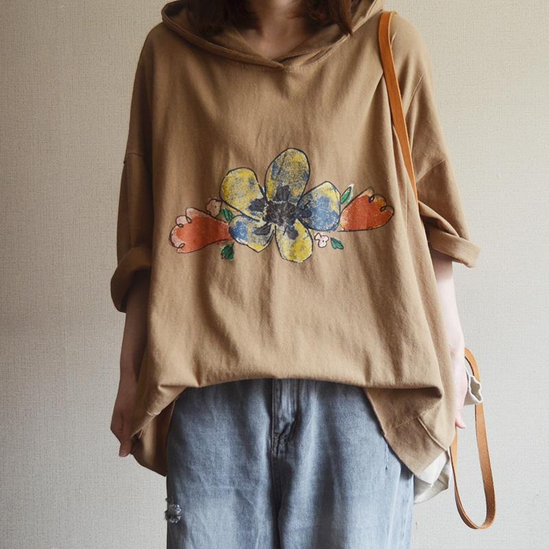 Cotton Print Loose Hooded Women Blouse