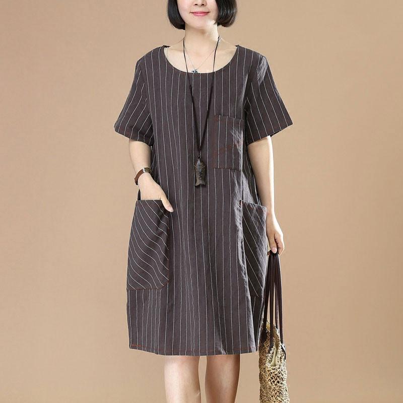 Stripe Women Loose Casual Short Sleeve Dark Coffee Dress