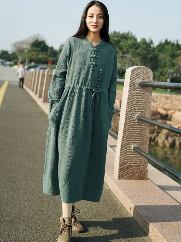 VINTAGE ELASTIC WAIST BUCKLE LACE-UP DRESS
