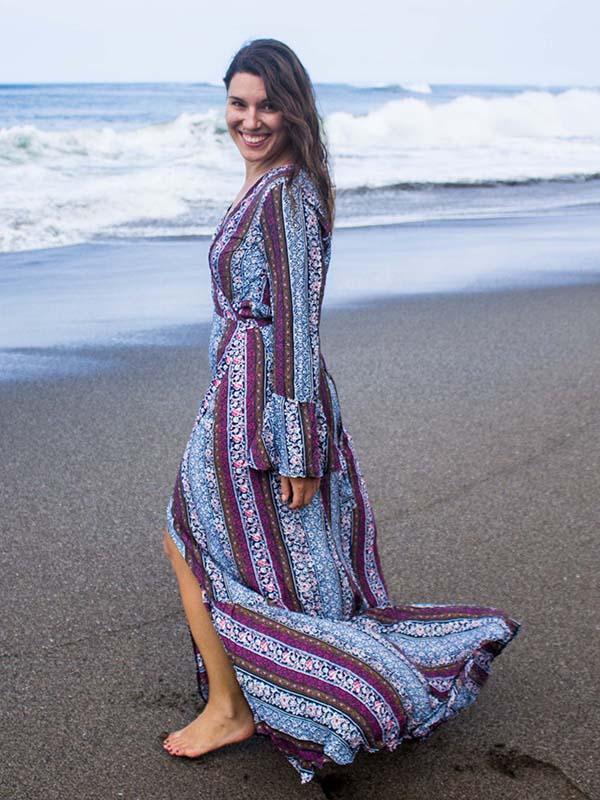 Pretty Chiffon Bohemia Floral Front Split with Tie Long Sleeve Maxi Dress