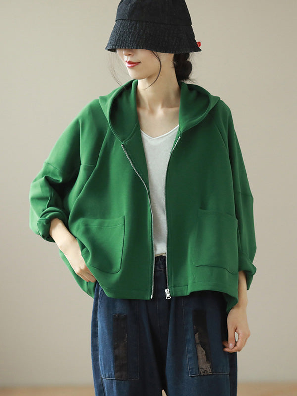 Casual Loose Solid Color Hooded Split-Joint Zipper Outerwear