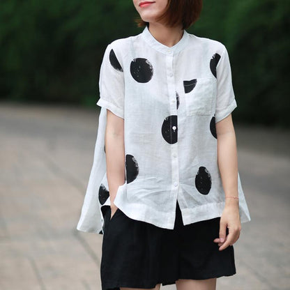 Dot Cotton Linen Short Sleeve Blouse M-3XL