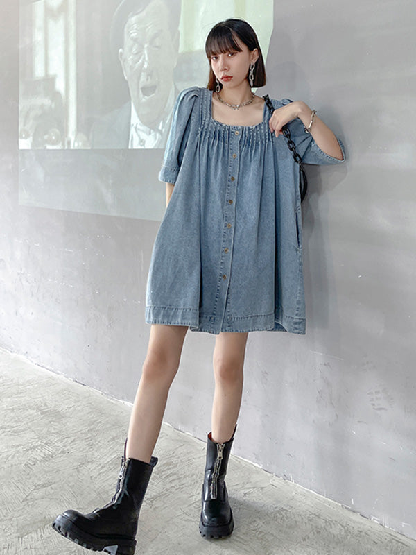 Stylish Denim Blue Pleated Square-Neck Half Sleeves H-Line Mini Dress