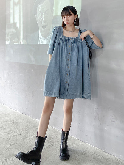 Stylish Denim Blue Pleated Square-Neck Half Sleeves H-Line Mini Dress