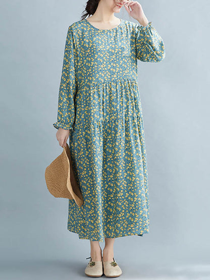 Artistic Retro Floral Printed Pleated Round-Neck Long Sleeves Midi Dress