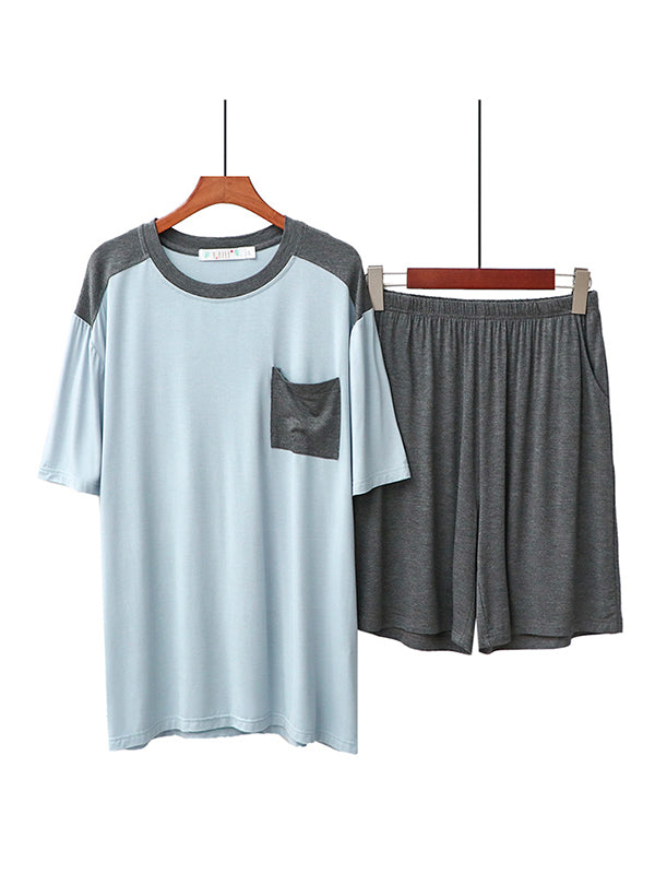 Casual Loose Contrast Color Split-Joint With Pocket Round Neck Short Sleeves T-Shirt&Solid Color Elasticity Shorts&Wide Legs Pants 3 Pieces Pajama Set