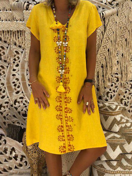 Casual V-neck Printed Short Sleeve Midi Dress