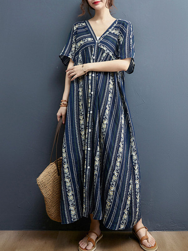 Floral Printed Casual V-Neck Buttoned Midi Dress