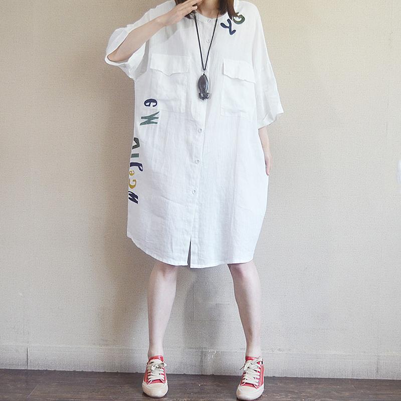 Casual Loose Letter Embroidery Midi Shirt Dress