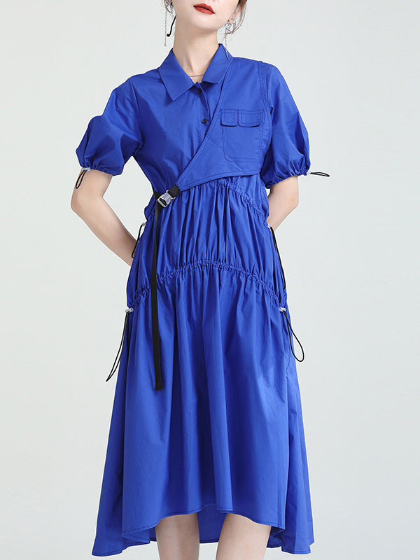 Casual Solid Color Asymmetric Pleated Split-Joint Midi Dress+Vest Tops Two Pieces Set