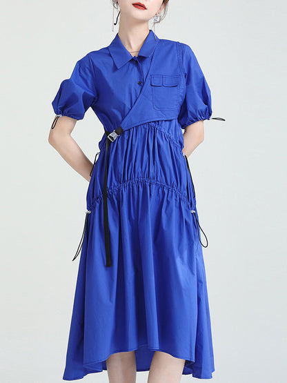Casual Solid Color Asymmetric Pleated Split-Joint Midi Dress+Vest Tops Two Pieces Set