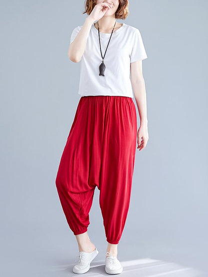 Solid Elastic Waist Design Pants