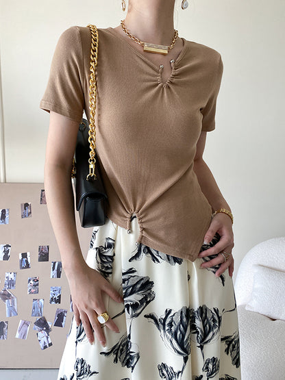 Original Casual Solid Color Pleated Skinny T-Shirt Top
