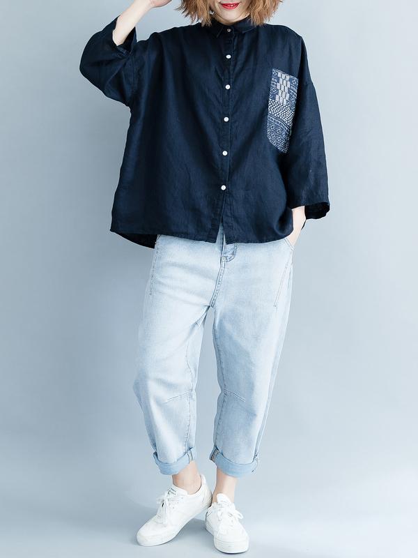 Loose Floral Printed Lapel Long Sleeves BLouses