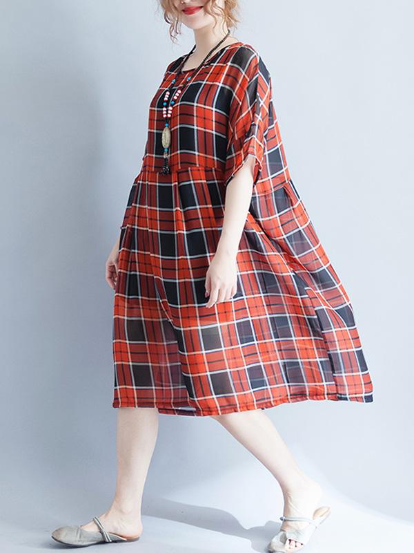 Loose Light Red Plaid Long Dress