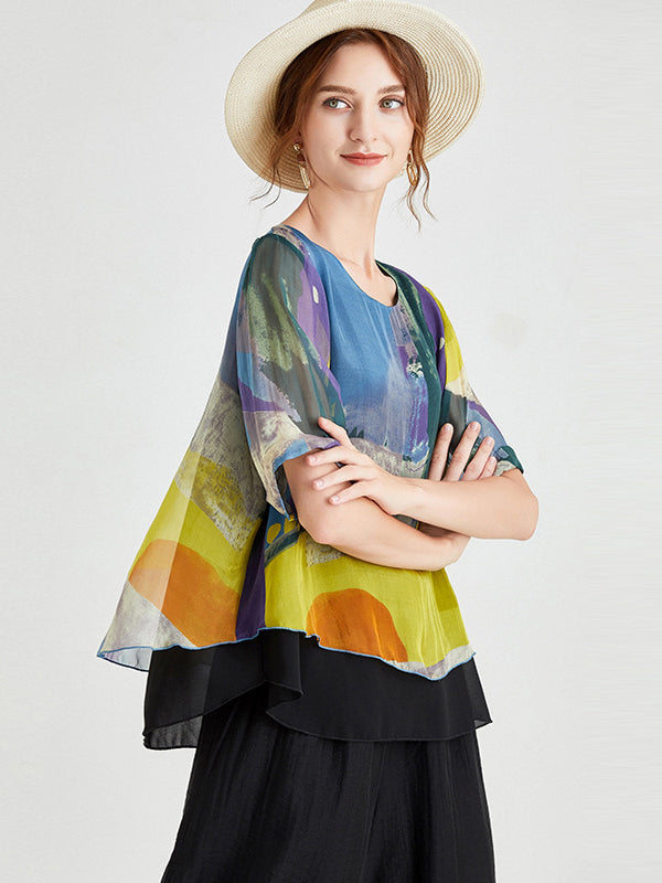 Original Silk Printed Contrast Color T-Shirt Top
