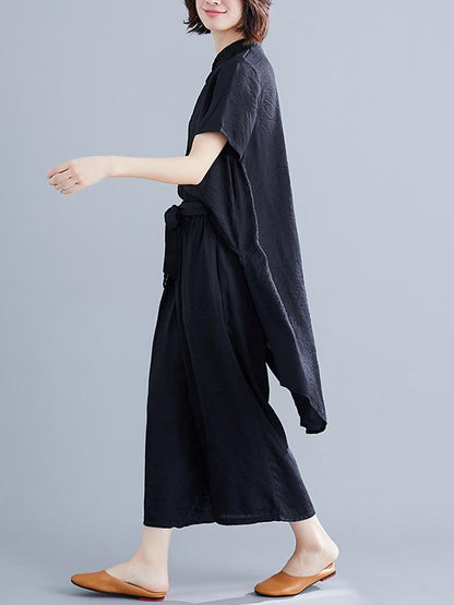 Loose Stand Collar Shirt + Wide Leg Pants Suit