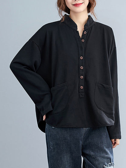 Casual Solid Color Buttoned Split-Joint With Pocket Stand Collar Long Sleeves Sweatshirts