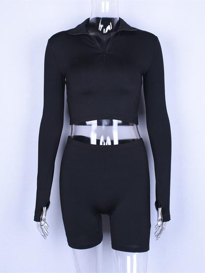 Solid Zipper Long Sleeves Tops And Shorts Suits