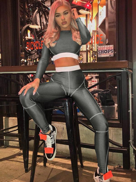 Line Printed Long Sleeves Tee and Fitness Legging Suits