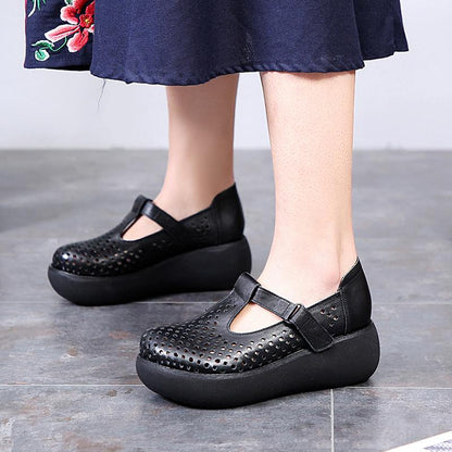 Buykud Fashion Summer Round Toe Leather Wedge Sandals