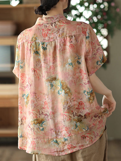 Vintage Artistic Retro Loose Floral Printed Ramie Cotton Blouse