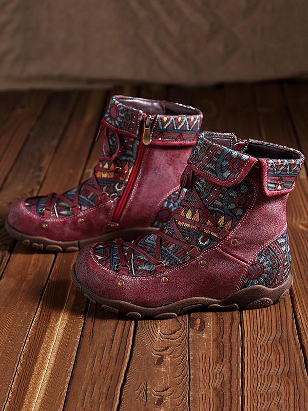 Printed Zipper Bandage Leather Boots