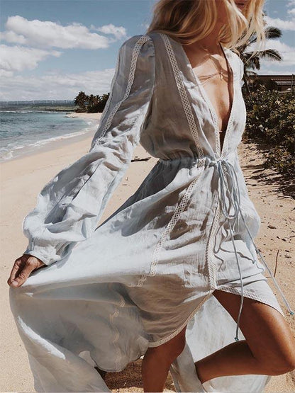 Split-joint Waisted Deep V-neck Maxi Dress