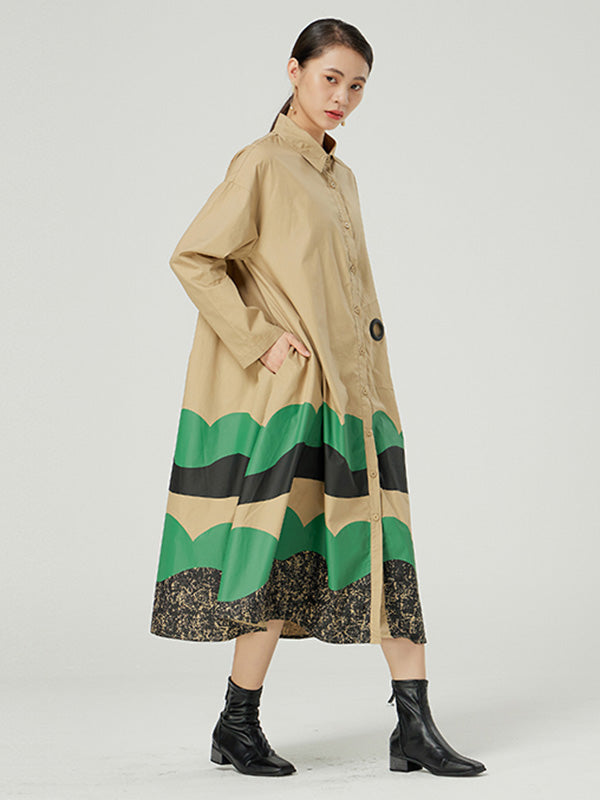 Original Buttoned Contrast Color Lapel Long Sleeves Midi Dress