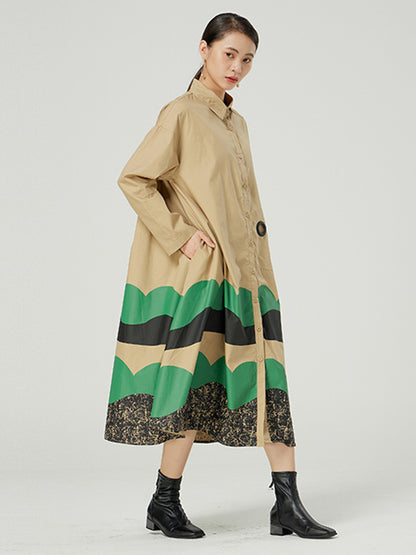 Original Buttoned Contrast Color Lapel Long Sleeves Midi Dress