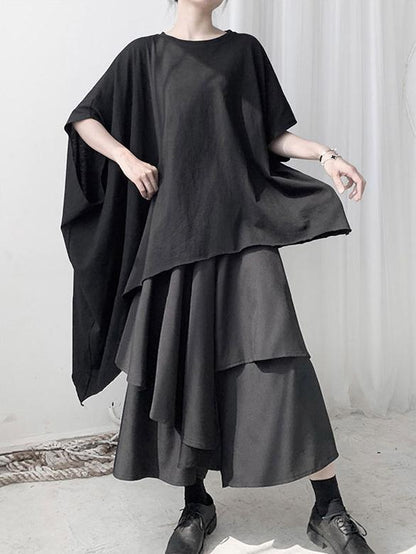 Black Loose Cropped Asymmetric T-shirt Tops