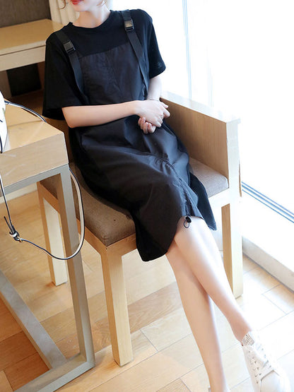 Original Casual Loose Solid Color Split-Joint Round-Neck Half Sleeves False Two Midi Dress