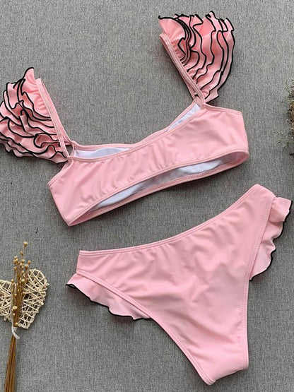Bandeau Falbala Plain Bikinis Swimwear
